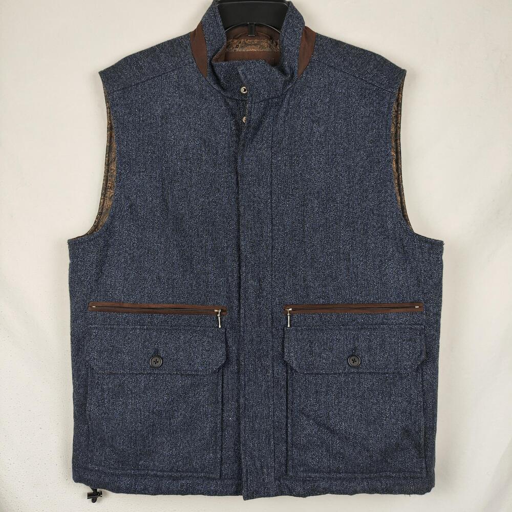 Robert Talbott Vest Mens Medium Blue Herringbone Quilted Full Zip Paisley Lined